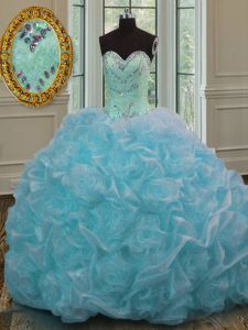 Trendy Blue Ball Gowns Beading and Pick Ups Quinceanera Dresses Lace Up Organza Sleeveless