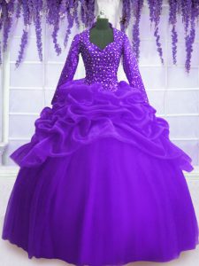 Designer Long Sleeves Organza Floor Length Zipper Quinceanera Dress in Purple with Sequins and Pick Ups