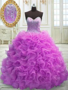 Modest Lilac Ball Gowns Sweetheart Sleeveless Organza Sweep Train Lace Up Beading and Ruffles Quince Ball Gowns