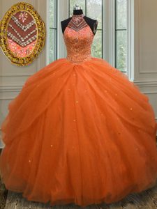 Extravagant Orange Red Quinceanera Dress Military Ball and Sweet 16 and Quinceanera with Beading Halter Top Sleeveless Lace Up