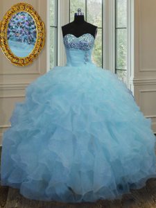 Discount Sleeveless Organza Floor Length Lace Up Quinceanera Dresses in Baby Blue with Beading and Ruffles