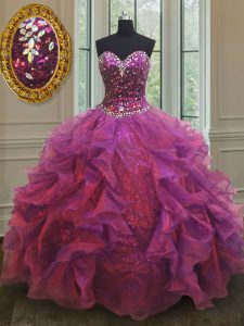 Beautiful Floor Length Lace Up Sweet 16 Dresses Purple for Military Ball and Sweet 16 and Quinceanera with Beading and Ruffles