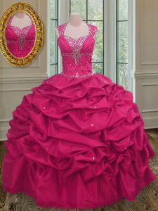 Fantastic Pick Ups Straps Sleeveless Lace Up Quince Ball Gowns Hot Pink Taffeta