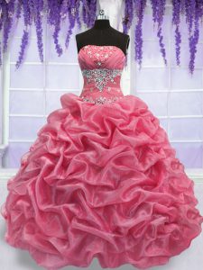 Comfortable Beading 15 Quinceanera Dress Rose Pink Lace Up Sleeveless Floor Length