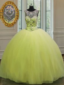 Fancy Yellow Green Tulle Lace Up Quinceanera Gown Sleeveless Floor Length Beading