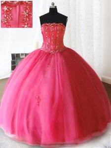 Beading and Appliques 15 Quinceanera Dress Hot Pink Lace Up Sleeveless Floor Length