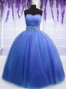 Clearance Blue Tulle Lace Up Sweet 16 Dresses Sleeveless Floor Length Beading and Belt