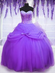 Adorable Sweetheart Sleeveless Tulle Quinceanera Gown Beading and Bowknot Lace Up