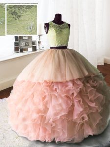 Scoop Baby Pink Sleeveless With Train Beading and Lace and Ruffles Zipper Quinceanera Dress