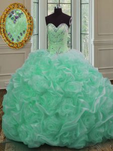 Elegant Lace Up 15th Birthday Dress Apple Green for Military Ball and Sweet 16 and Quinceanera with Beading and Pick Ups Sweep Train