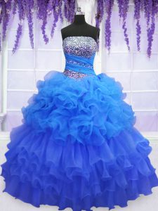 Sweet Blue Strapless Neckline Beading and Ruffled Layers and Pick Ups Vestidos de Quinceanera Sleeveless Lace Up