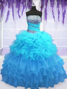 Affordable Aqua Blue Strapless Lace Up Beading and Ruffled Layers and Pick Ups Sweet 16 Dress Sleeveless