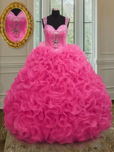 Elegant Straps Sleeveless Zipper Quinceanera Dresses Hot Pink Organza
