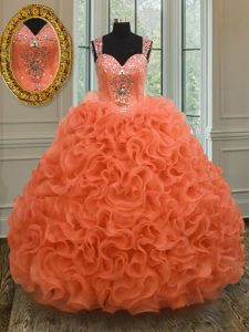 Straps Beading and Ruffles Quinceanera Dresses Orange Red Zipper Sleeveless Floor Length