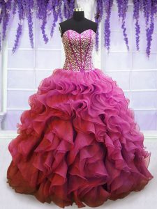 Lilac Lace Up Quince Ball Gowns Beading and Ruffles Sleeveless Floor Length