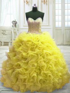 Sleeveless Organza Sweep Train Lace Up Sweet 16 Quinceanera Dress in Yellow with Beading and Ruffles