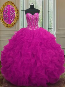 Most Popular Ball Gowns Quince Ball Gowns Fuchsia Sweetheart Organza Sleeveless Floor Length Lace Up