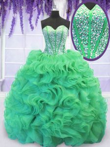 Turquoise Lace Up Sweetheart Beading and Ruffles Ball Gown Prom Dress Organza Sleeveless Brush Train