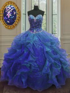 Sexy Organza and Sequined Sweetheart Sleeveless Lace Up Beading and Ruffles Sweet 16 Quinceanera Dress in Blue
