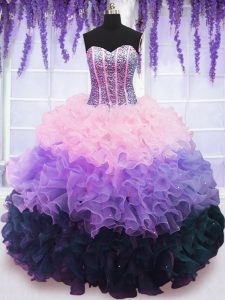 Multi-color Organza Lace Up Sweetheart Sleeveless Floor Length Sweet 16 Dresses Beading and Ruffles and Ruffled Layers
