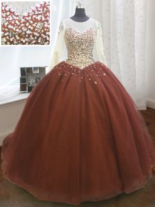 Scoop Sequins Burgundy Long Sleeves Organza Sweep Train Lace Up Quince Ball Gowns for Military Ball and Sweet 16 and Quinceanera