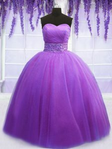 Sleeveless Tulle Floor Length Lace Up Sweet 16 Quinceanera Dress in Purple with Belt