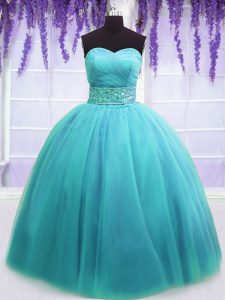 Nice Blue Vestidos de Quinceanera Military Ball and Sweet 16 and Quinceanera with Belt Sweetheart Sleeveless Lace Up