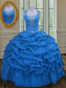 Straps Blue Sleeveless Floor Length Beading and Pick Ups Lace Up Quinceanera Dresses