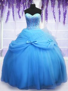 Blue Lace Up Sweetheart Beading and Bowknot Sweet 16 Dresses Tulle Sleeveless