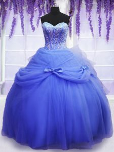 Pretty Tulle Sweetheart Sleeveless Lace Up Beading and Bowknot Quince Ball Gowns in Blue
