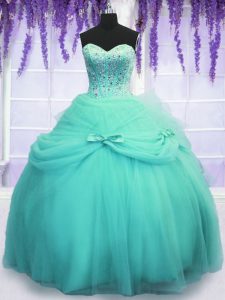 Sweetheart Sleeveless Ball Gown Prom Dress Floor Length Beading and Sequins and Bowknot Aqua Blue Tulle