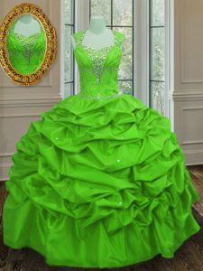 On Sale Straps Taffeta Lace Up Vestidos de Quinceanera Cap Sleeves Floor Length Beading and Pick Ups