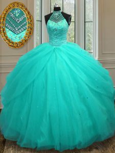 Halter Top Sleeveless Tulle Floor Length Lace Up Quinceanera Dresses in Aqua Blue with Beading
