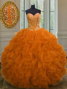 Adorable Floor Length Orange Red Vestidos de Quinceanera Sweetheart Sleeveless Lace Up