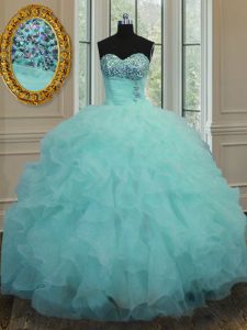 Gorgeous Aqua Blue Sleeveless Beading and Ruffles Floor Length Sweet 16 Dress