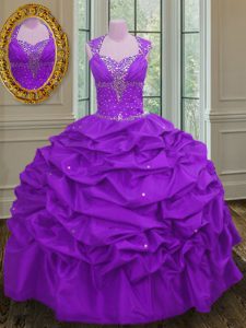 Inexpensive Purple 15 Quinceanera Dress Military Ball and Sweet 16 and Quinceanera with Beading and Pick Ups Straps Sleeveless Lace Up