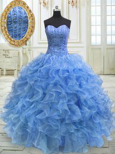 High End Baby Blue Ball Gowns Organza Sweetheart Sleeveless Beading and Ruffles Floor Length Lace Up Sweet 16 Dress