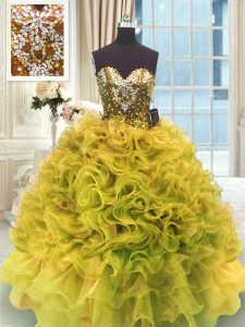 Gold Organza Lace Up Sweet 16 Dress Sleeveless Floor Length Beading and Ruffles
