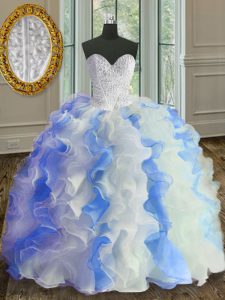 Beautiful Floor Length White and Blue Sweet 16 Dresses Organza Sleeveless Beading and Ruffles