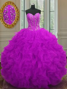 Comfortable Sweetheart Sleeveless Organza Quince Ball Gowns Beading and Ruffles Lace Up