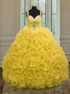 Stunning Gold Zipper Sweetheart Beading and Ruffles 15 Quinceanera Dress Organza Sleeveless