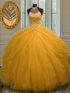 Exceptional Halter Top Gold Sleeveless Floor Length Beading Lace Up Quinceanera Dresses