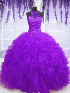 Popular Purple Sleeveless Organza Lace Up Quinceanera Gown for Military Ball and Sweet 16 and Quinceanera