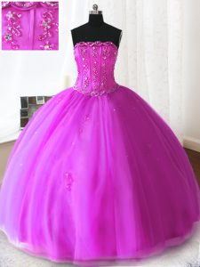 Fuchsia Lace Up Quinceanera Gowns Beading and Appliques Sleeveless Floor Length