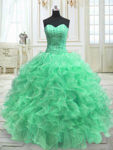 Vintage Green Ball Gowns Organza Sweetheart Sleeveless Beading and Ruffles Floor Length Lace Up 15 Quinceanera Dress