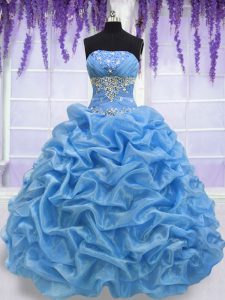Delicate Floor Length Blue Vestidos de Quinceanera Organza Sleeveless Beading