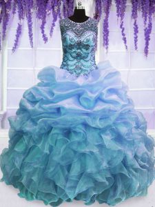 Glamorous Pick Ups Ball Gowns Quinceanera Dresses Blue Scoop Organza Sleeveless Floor Length Lace Up