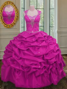 Shining Straps Pick Ups Fuchsia Cap Sleeves Taffeta Lace Up Sweet 16 Dress for Military Ball and Sweet 16 and Quinceanera