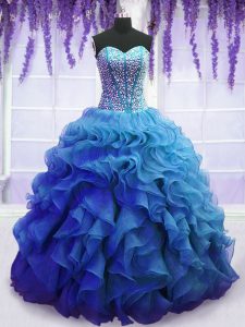 Elegant Beading and Ruffles Quinceanera Dress Blue Lace Up Sleeveless Floor Length