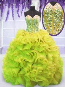 Yellow Green Ball Gowns Sweetheart Sleeveless Organza Sweep Train Lace Up Beading and Ruffles Sweet 16 Quinceanera Dress